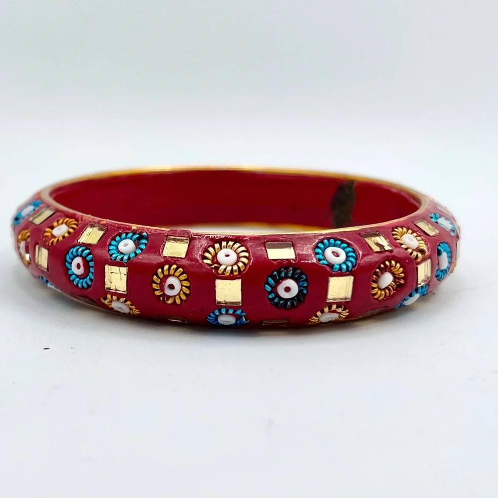 Indian‎ Beaded Bangle Cuff Bracelet Red/Gold Ethnic Boho Bohemian 3.25” Diameter